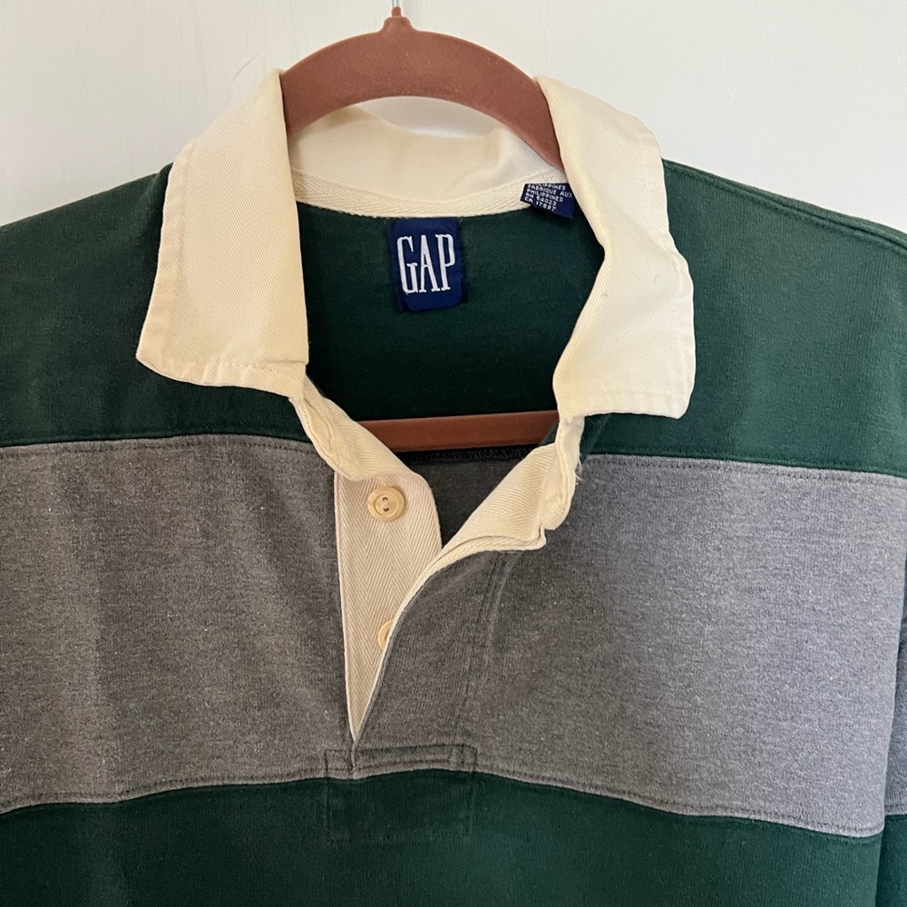 Vintage GAP Men’s Green Gray Striped Rugby Shirt Cream Collar Medium 100% Cotton - Picture 4 of 12